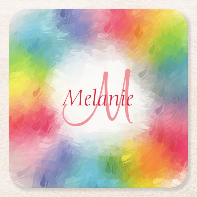 Elegant Modern Rainbow Abstract Monogram Template Square Paper Coaster (Front)