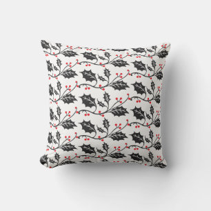 Elegant Modern Red and Black Holly Pattern Cushion