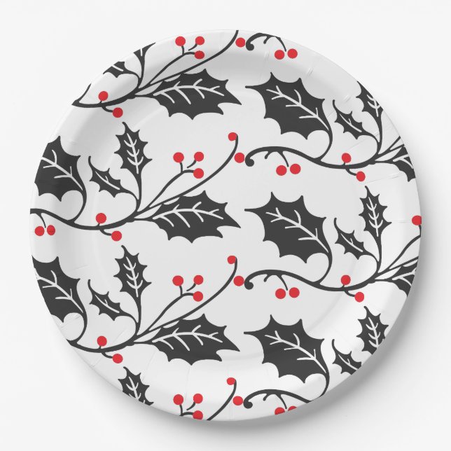 Elegant Modern Red and Black Holly Pattern Paper Plate (Front)