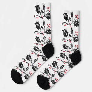 Elegant Modern Red and Black Holly Pattern Socks