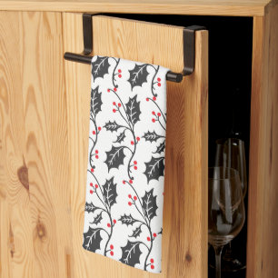 Elegant Modern Red and Black Holly Pattern Tea Towel