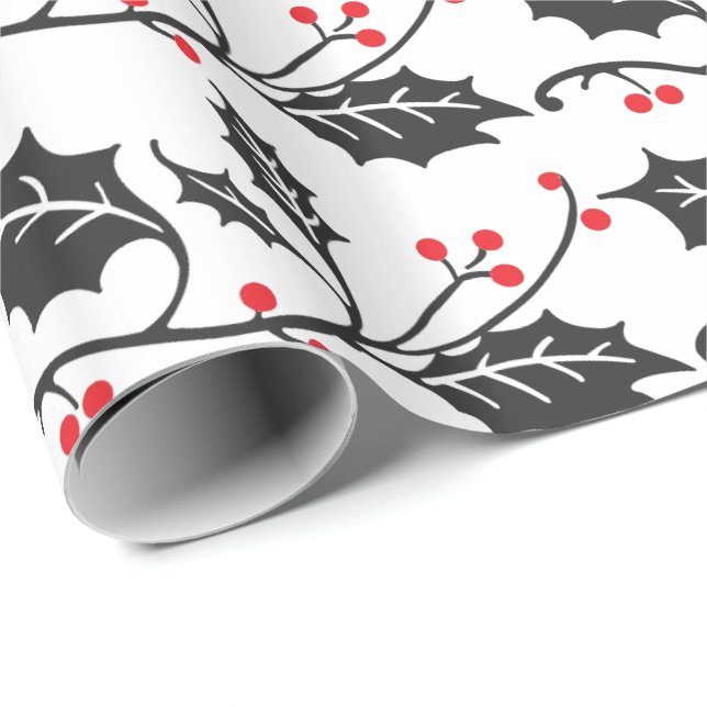 Elegant Modern Red and Black Holly Pattern Wrapping Paper (Roll Corner)