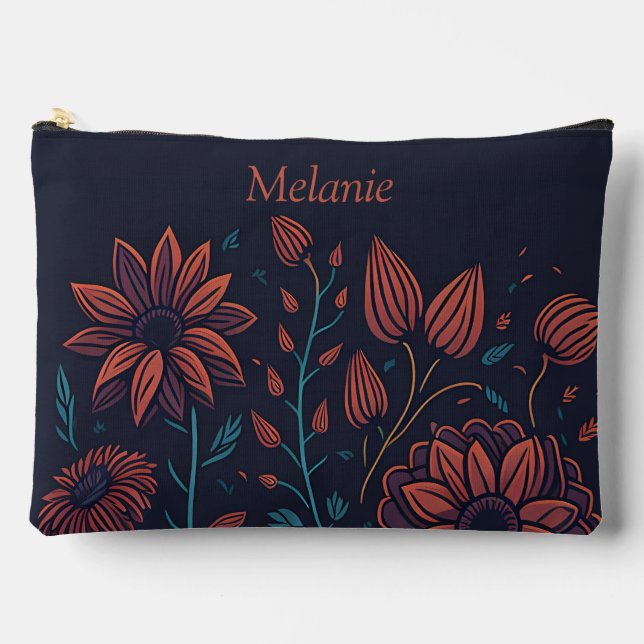 Elegant Modern Red and Blue Floral Personalised Accessory Pouch (Front)