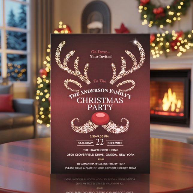 Elegant Modern Red and Gold Reindeer Christmas Invitation (Creator Uploaded)