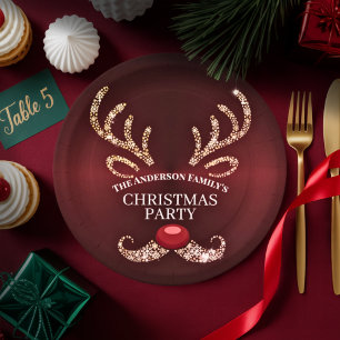 Elegant Modern Red and Gold Reindeer Christmas Paper Plate