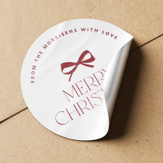 Elegant modern red bow Christmas holiday Classic Round Sticker (Creator Uploaded)