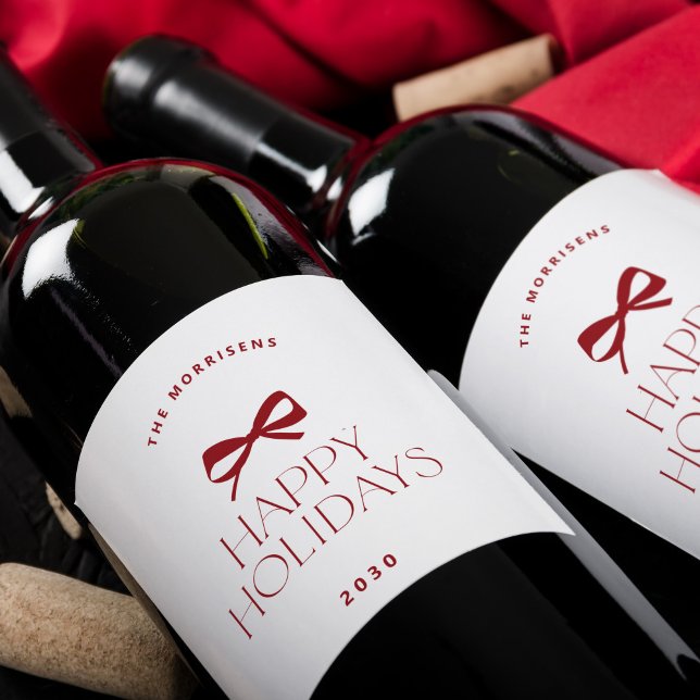 Elegant modern red bow Christmas holiday Wine Label (Creator Uploaded)