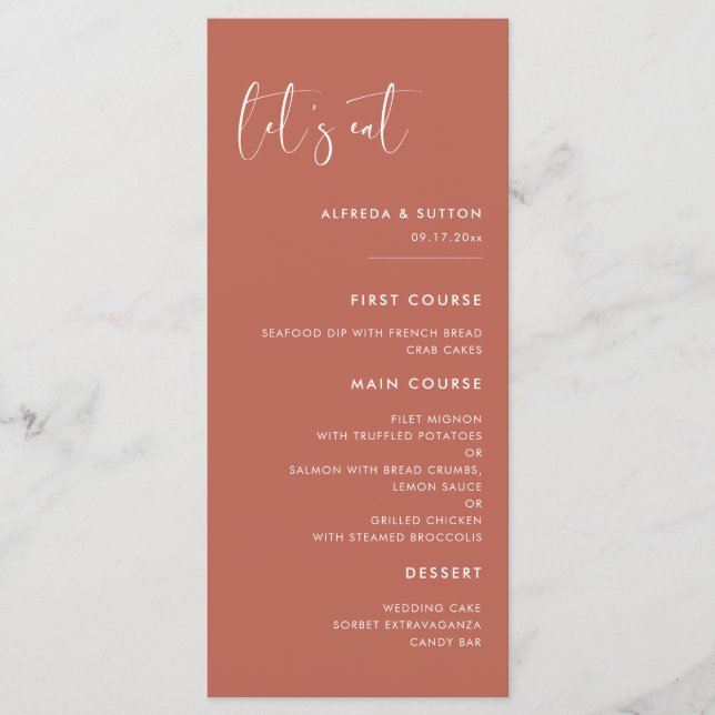Elegant & modern Red clay Let's eat wedding Menu (Front)