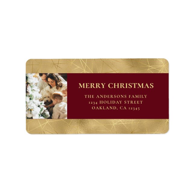 Elegant Modern Red & Faux Gold Christmas Photo Label (Front)