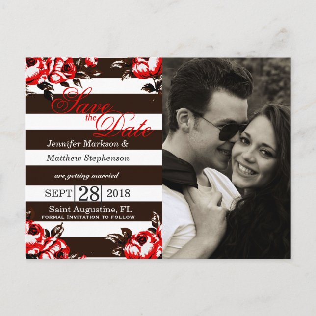Elegant Modern Red Floral & Black & White Stripes Announcement Postcard (Front)