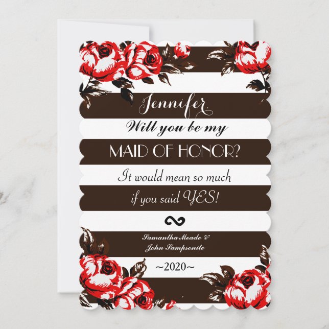 Elegant Modern Red Floral & Black & White Stripes Invitation (Front)