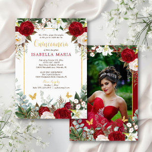 Elegant Modern Red Floral with Photo Quinceañera Invitation