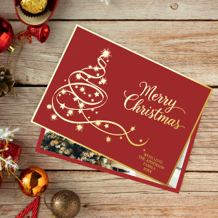 Elegant Modern Red Gold Christmas Photo Foil Holiday Card