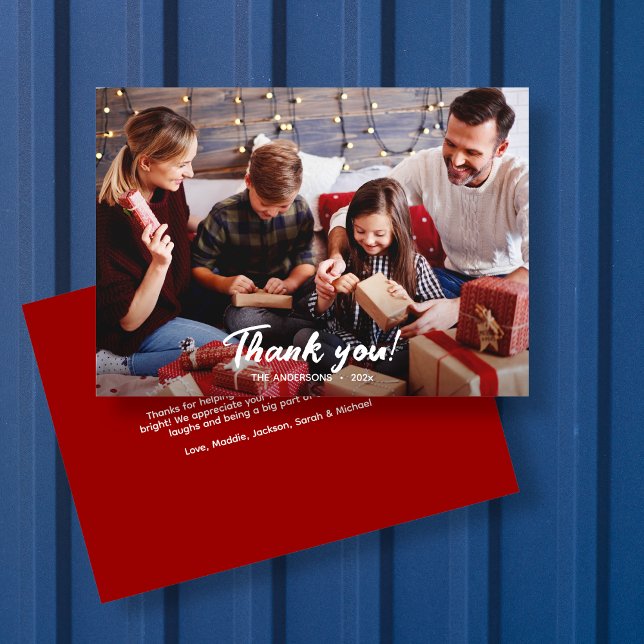 Elegant Modern Red Holiday Photo Thank You Card (Creator Uploaded)