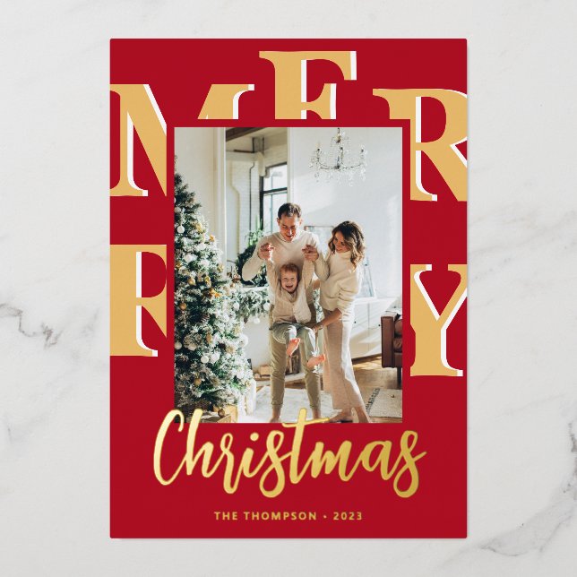 Elegant Modern Red Photo Merry Christmas Script Foil Holiday Card (Front)