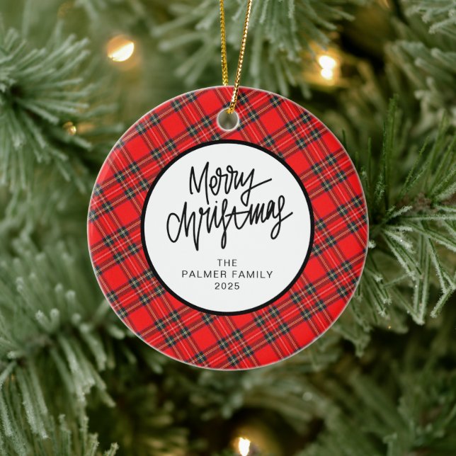Elegant Modern Red Plaid Christmas Family Photo Ceramic Ornament (Tree)