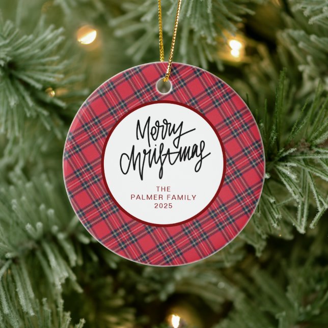 Elegant Modern Red Plaid Christmas Family Photo Ceramic Ornament (Tree)