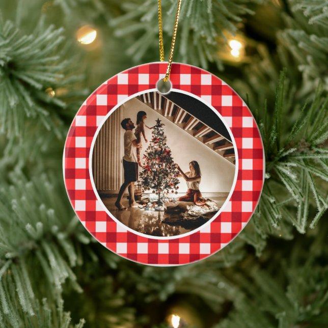 Elegant Modern Red Plaid Christmas Family Photo Ceramic Ornament (Tree)