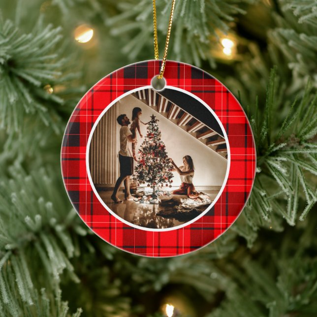 Elegant Modern Red Plaid Christmas Family Photo Ceramic Ornament (Tree)