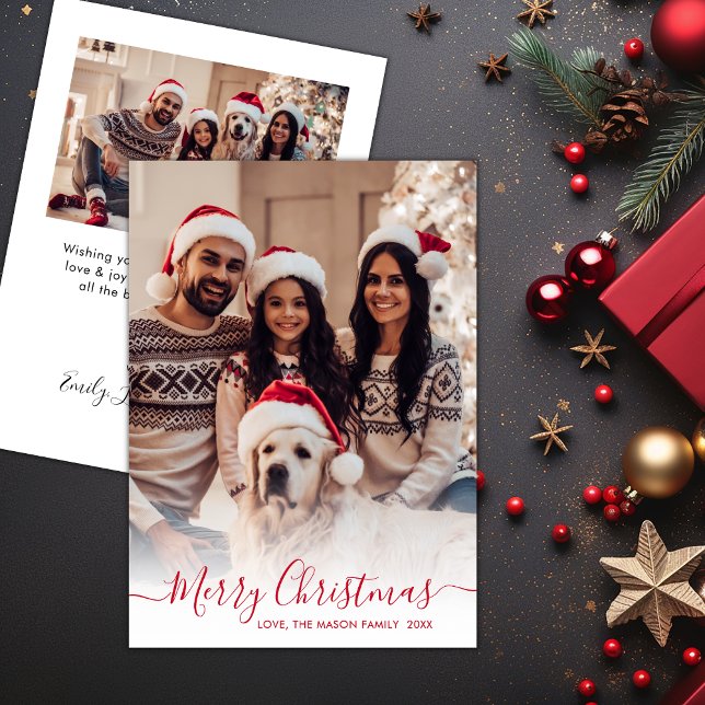 Elegant Modern Red Script 2 Photo Christmas  Holiday Card (Creator Uploaded)