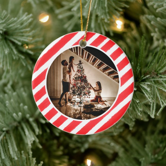 Elegant Modern Red Stripes Christmas Family Photo Ceramic Ornament (Tree)