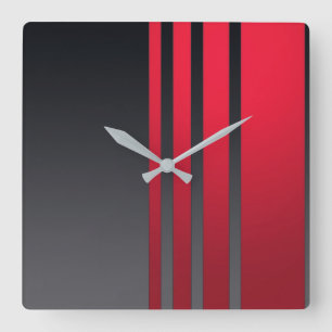 Elegant, modern red stripes on dark grey square wall clock