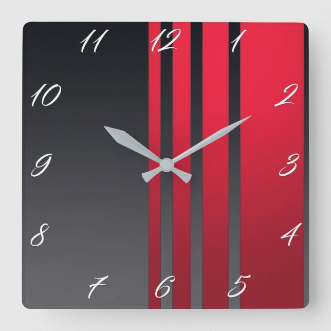 Elegant, modern red stripes on dark grey square wall clock (Front)