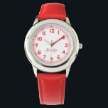 Elegant Modern Red Stylish Custom Name Kids Watch<br><div class="desc">Designed for the child who is learning to read the time, the face of the watch has clear readable dial, and fun cool stylish snazzy colour. The hour and every 5 minutes are clearly written while the 5-minute-in-between are indicated by a short line to help the kid learn to read...</div>