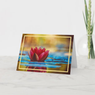 Elegant Modern Red Water Lily Flower Golden Frame Card
