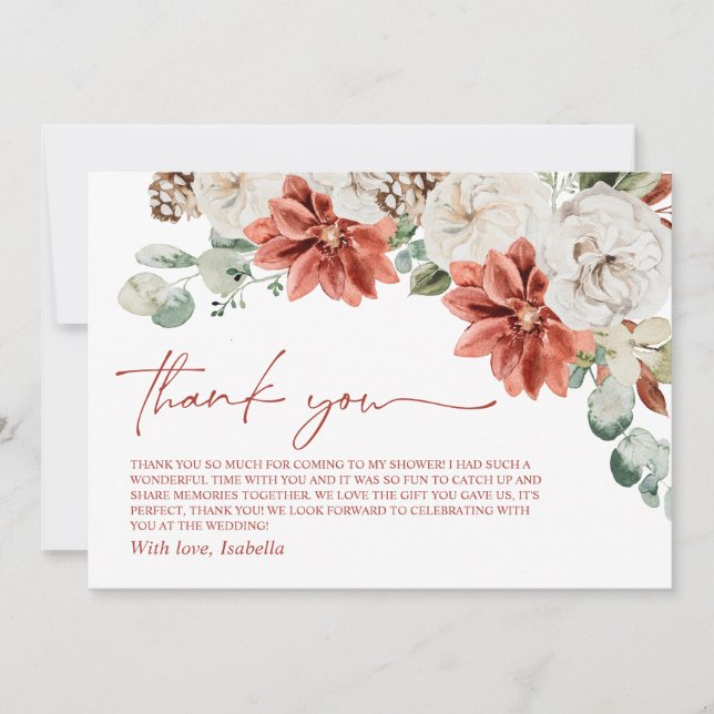 Elegant Modern Red Winter Christmas Bridal Shower Thank You Card (Front)