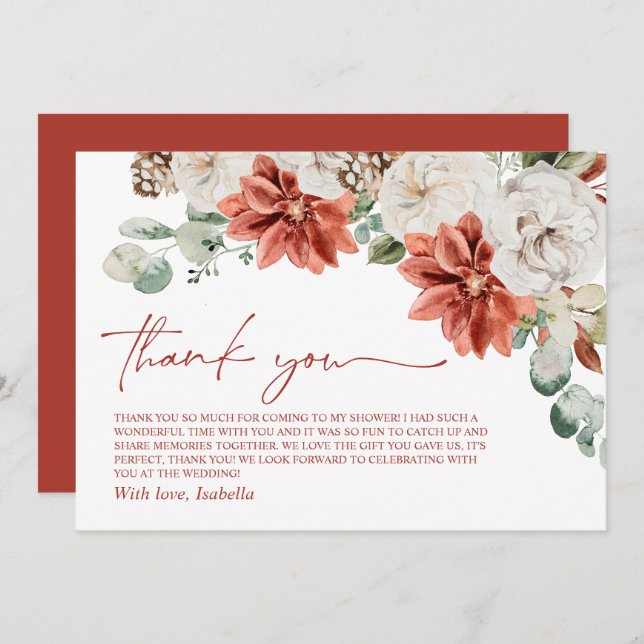 Elegant Modern Red Winter Christmas Bridal Shower Thank You Card (Front/Back)