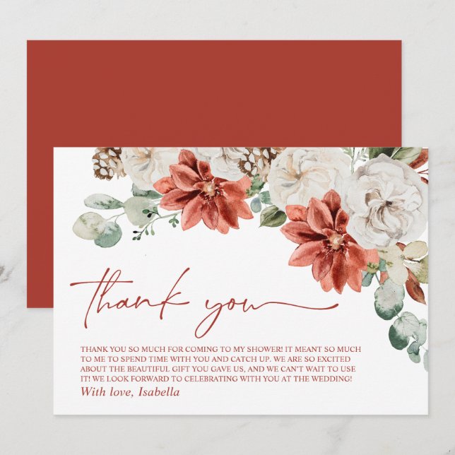 Elegant Modern Red Winter Christmas Bridal Shower Thank You Card (Front/Back)