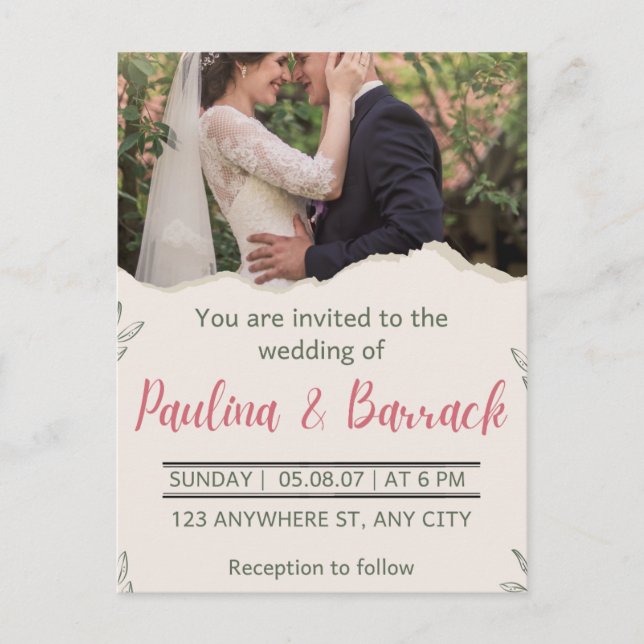 Elegant Modern Romantic Minimalist Photo Wedding  Invitation Postcard (Front)