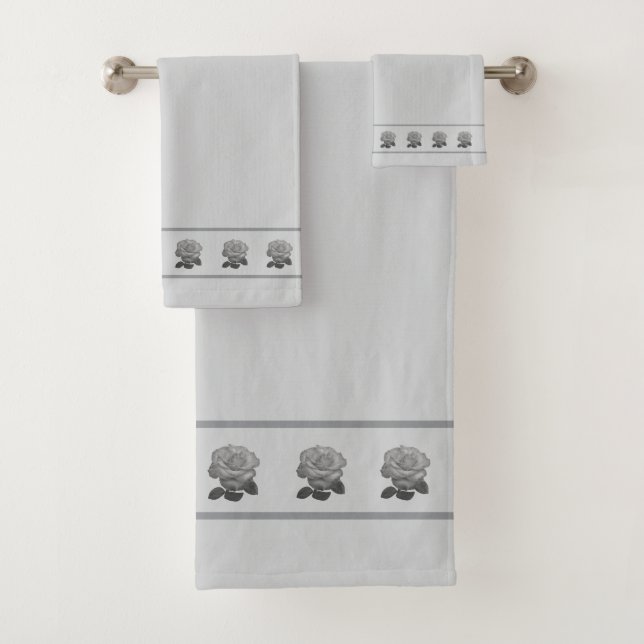 Elegant, Modern Rose Flowers on Light Silver Gray Bath Towel Set (Insitu)