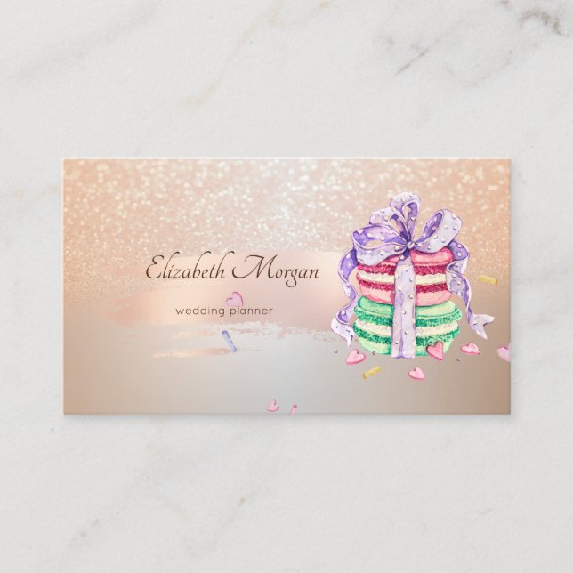 Elegant Modern, Rose Gold Brush Stroke,Macarons Business Card (Front)