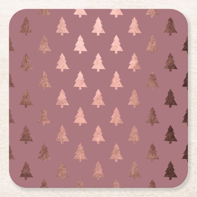 Elegant modern rose gold Christmas tree pattern Square Paper Coaster (Front)