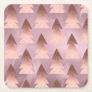 Elegant modern rose gold Christmas tree pattern Square Paper Coaster