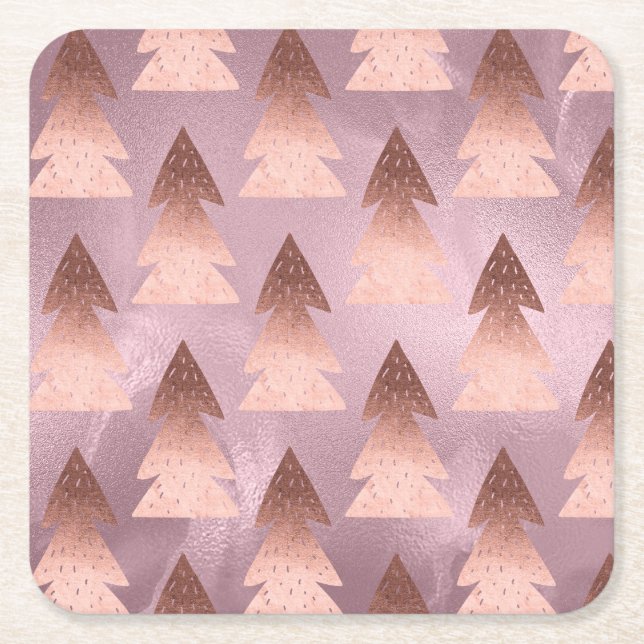 Elegant modern rose gold Christmas tree pattern Square Paper Coaster (Front)