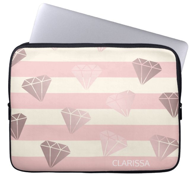 Elegant modern rose gold diamond pattern & stripe laptop sleeve (Front)