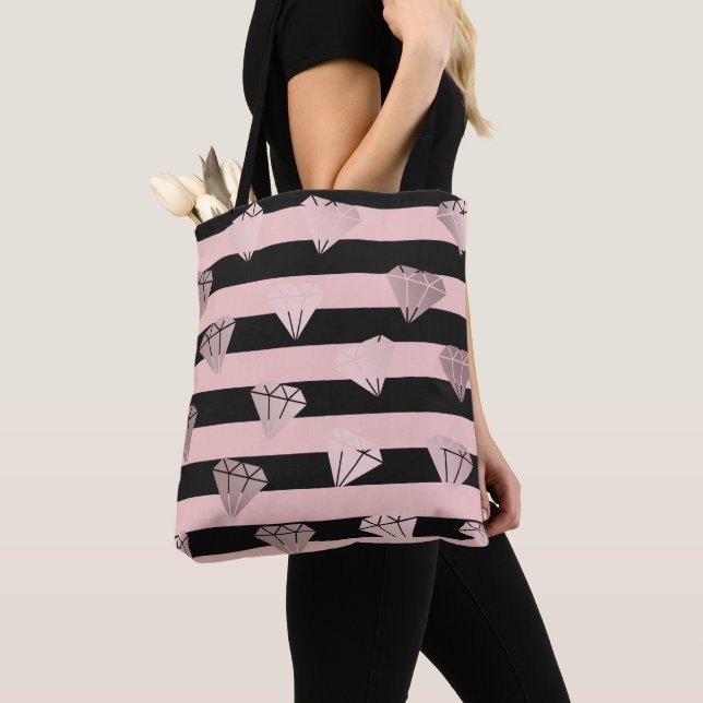 Elegant modern rose gold diamond stripe pattern tote bag (Close Up)
