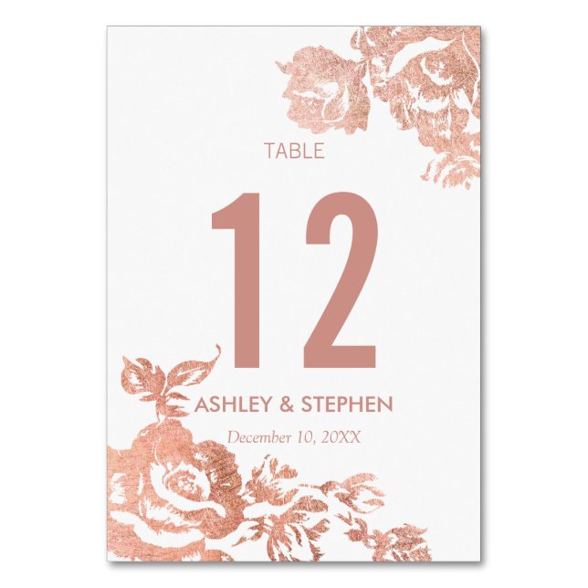 Elegant Modern Rose Gold Floral Table Numbers (Front)