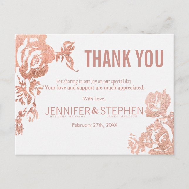 Elegant Modern Rose Gold Floral Thank You Postcard (Front)