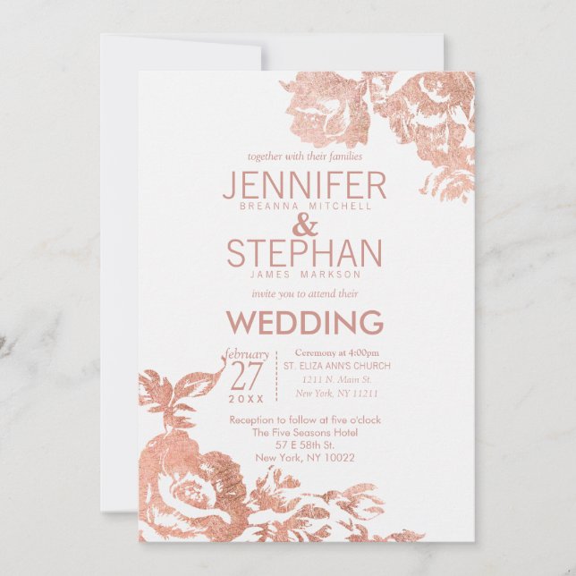 Elegant Modern Rose Gold Floral Wedding Invitation (Front)
