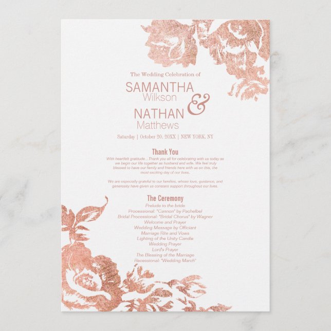 Elegant Modern Rose Gold Floral  Wedding Program (Front)