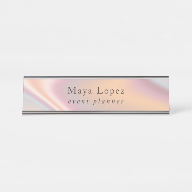 Elegant modern rose gold holographic event planner desk name plate (Front)