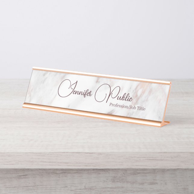 Elegant Modern Rose Gold Marble Handwritten Script Desk Name Plate (Front)