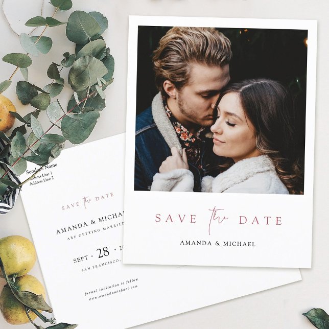 Elegant Modern Rose Gold Photo Save the Date Announcement Postcard (Creator Uploaded)