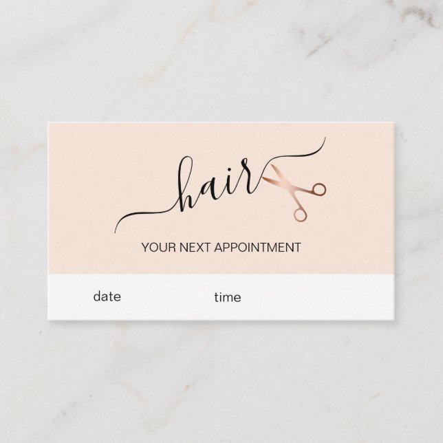 Elegant modern rose gold scissors hairstylist appointment card (Front)