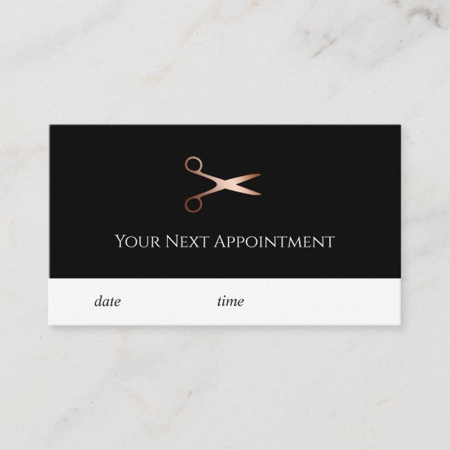 Elegant modern rose gold scissors hairstylist appointment card (Front)