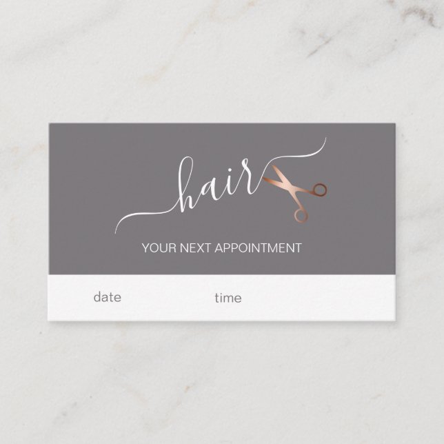 Elegant modern rose gold scissors hairstylist appointment card (Front)